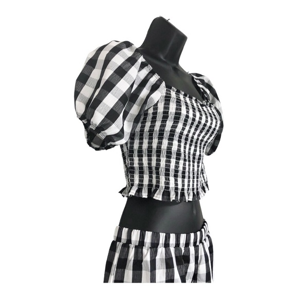 2pc black white checkered gingham ruffle hem smocked top printed shorts set sz S - Picture 9 of 12